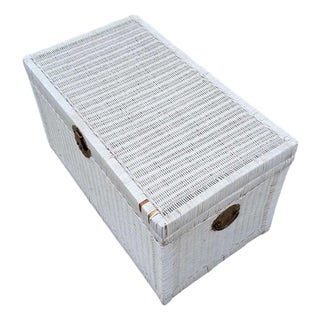 Vintage White Wicker Storage Trunk With Brass Hardware, Coastal, Rattan For Sale