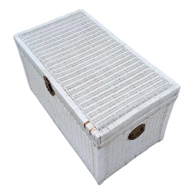 Vintage White Wicker Storage Trunk With Brass Hardware, Coastal, Rattan For Sale