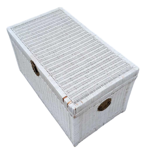 Vintage White Wicker Storage Trunk With Brass Hardware, Coastal, Rattan