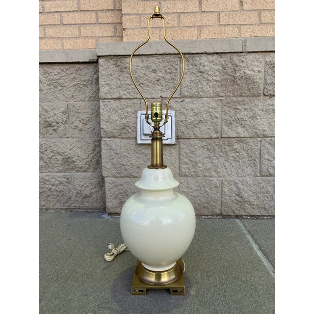 Hollywood Regency Porcelain Ginger Jar Lamp Greek Key Solid Brass Base For Sale - Image 12 of 13