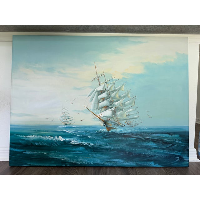 Late 20th Century Listed Artist Hewett Jackson Original Oil Painting | Tall Ship Seascape | Large For Sale - Image 9 of 15