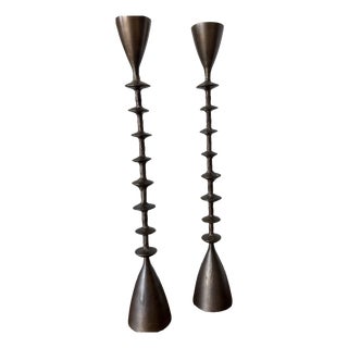 Large Vintage Brutalist Hand Forged Brass Candlesticks, 1960s, Set of 2 For Sale