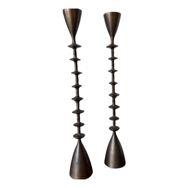 Large Vintage Brutalist Hand Forged Brass Candlesticks, 1960s, Set of 2 For Sale