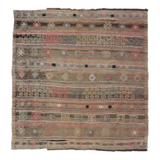 Mid 20th Century Square Size Turkish Vintage Embroidered Kilim Rug For Sale