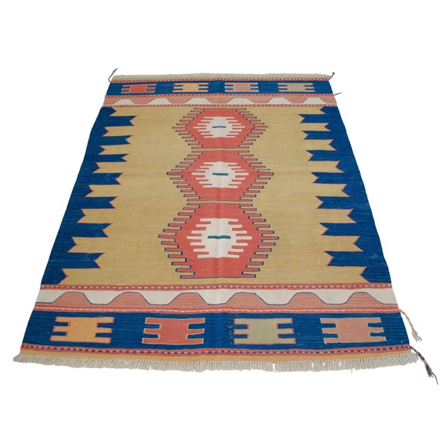 Textile Turkish Rug Hand-Woven Oushak Kilim Rug Vintage but Unused Home Decor - 4'1" X 5'8" For Sale - Image 7 of 12