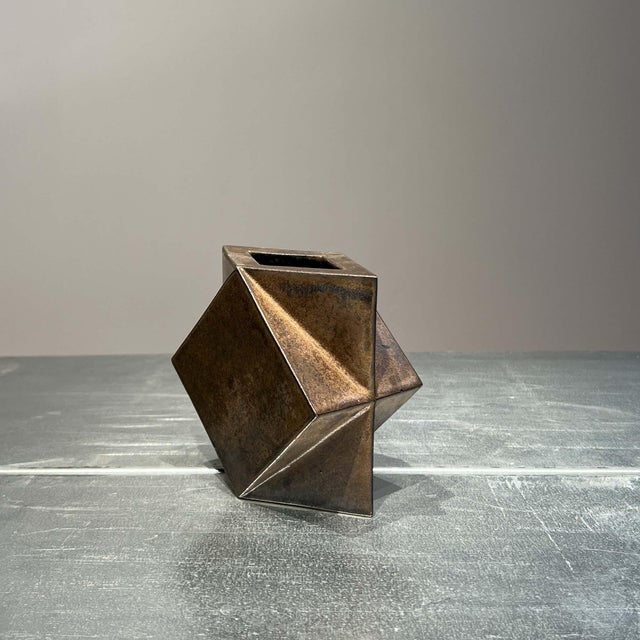 Minimalist Bronze-Glazed Ceramic Geometric Vase by Jan Van Der Vaart, Netherlands, 1970s For Sale - Image 5 of 9