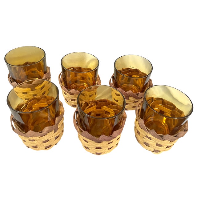 1970s Vintage Amber Glass Pitcher & Six Tumblers With Woven Wicker Sleeves, Set of 7 For Sale - Image 5 of 9
