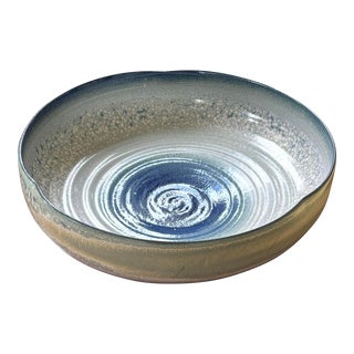 John-Richard Large Reactive Blue and Cream Shallow Pottery Bowl Coastal For Sale