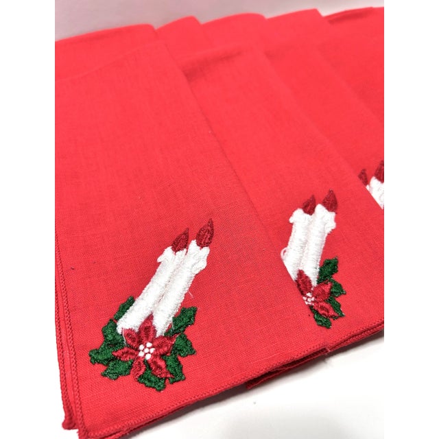 English Vintage Embroidered Christmas Linen Napkins – Poinsettia & Candle Holiday Table Linens, Set of 12 For Sale - Image 3 of 5