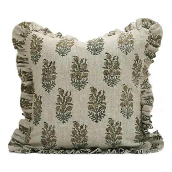 Fabdivine Handcrafted Block Print Frill Cushion Cover Gray 12x20 Inch Thick Linen- Hajara For Sale