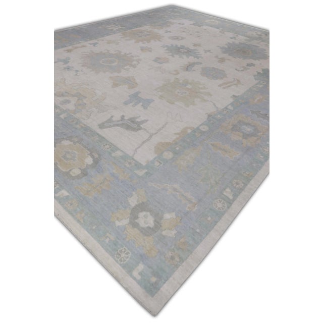 Early 21st Century Blue Handwoven Turkish Oushak Rug 12'4" X 15'4" For Sale - Image 5 of 7