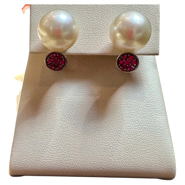 14 mm Round South Sea Pearl & Ruby Cocktail Stud Earrings 18 Karat White Gold, A Pair For Sale - Image 17 of 18