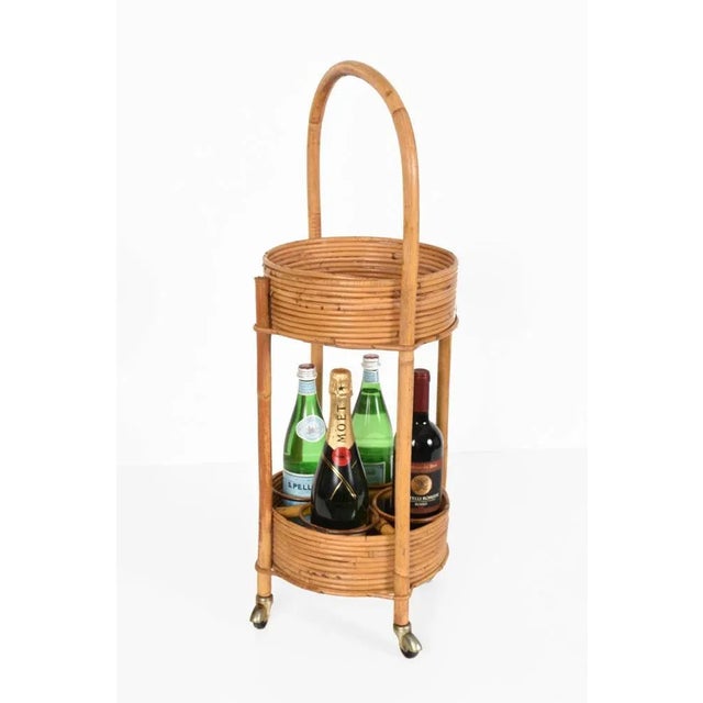 Italian Red Velvet, Bamboo & Rattan Bar Trolley, 1960s For Sale - Image 16 of 17