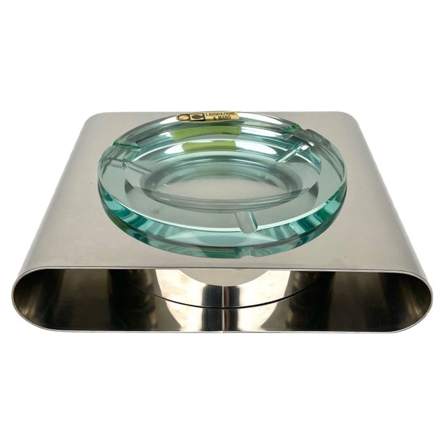 Ashtray in Steel and Green Glass from Sena Cristal, Italy, 1970s For Sale