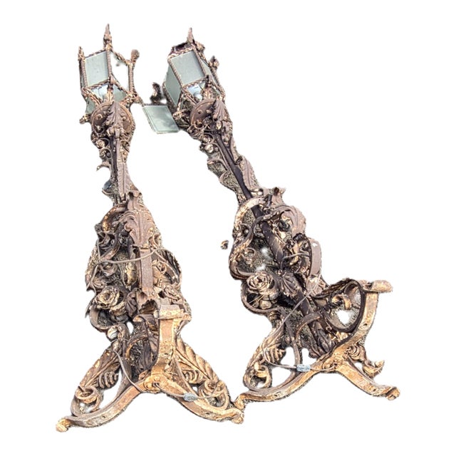 Antique Partialy Painted Iron Torcheres For Sale