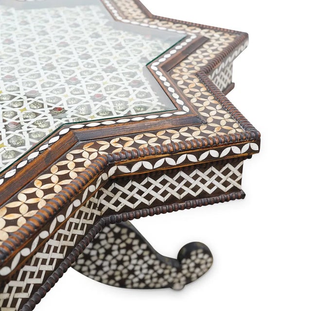 Moroccan Wood, MOP & Bone Inlaid Table 20th Cent. Morocco Moroccan wooden table featuring geometric motifs, mother of...