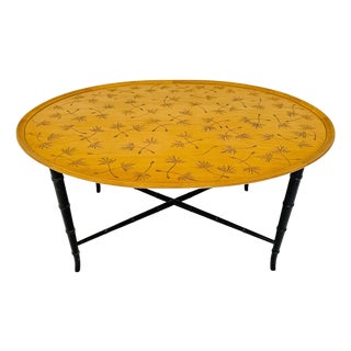1950s Mid-Century Oval Coffee Table on Lacquered Faux Bamboo Base Attr. To Kittinger For Sale