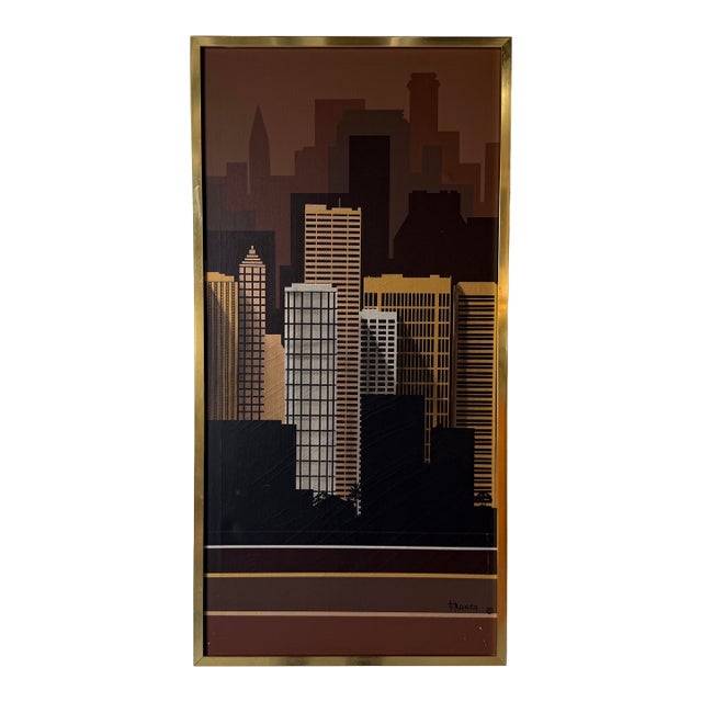 1970s Vintage Franco Modernist Cityscape Acrylic on Canvas Painting – Gold Aluminum Frame For Sale