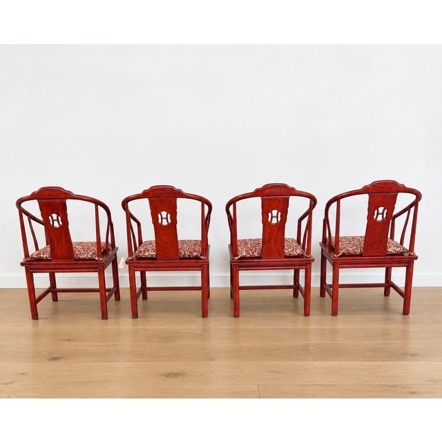 1990s Vintage Chinese Horseshoe Back Arm Chairs With Palm Pattern Seat Cushions. Set of 4. For Sale - Image 5 of 8