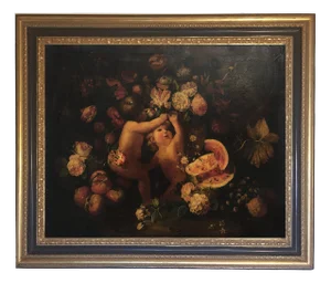 Giulio Di Sotto, Cherubim with Flowers, Italian School, 2002, Oil on Canvas, Framed