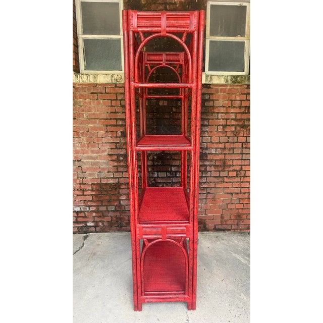 Vintage Rattan Etagere Bookcase in Vermillion Red Faux Tortoise Shell Finish - Newly Painted For Sale - Image 10 of 12