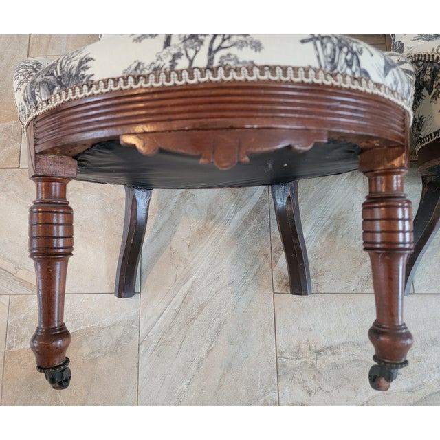 Antique Victorian Toile Upholstered Parlor Slipper Chairs on Casters – A Pair For Sale In Philadelphia - Image 6 of 17