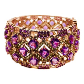 Bochic "Capri" Vintage Amethyst & Peridot Bangle Set In 18K Gold & Silver For Sale