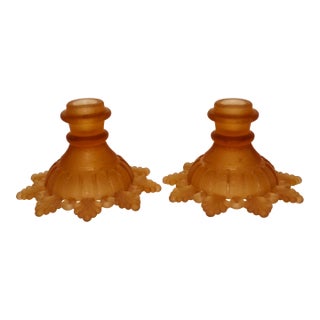 Pair of Vintage Westmoreland “Ring and Petal” Amber Glass Candle Holders For Sale