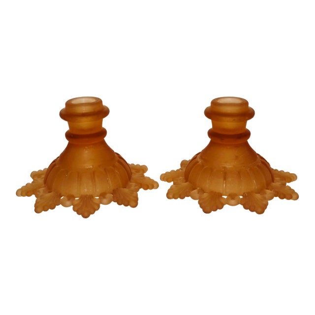 Pair of Vintage Westmoreland “Ring and Petal” Amber Glass Candle Holders For Sale