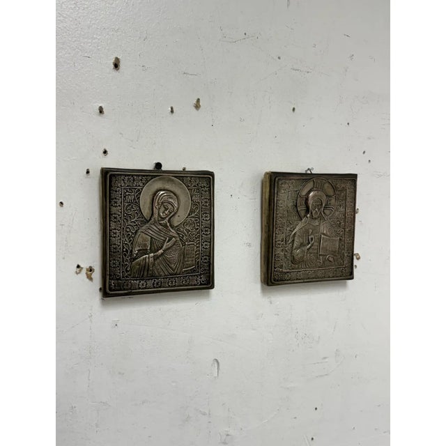 Orthodox Deesis Silver Embossed Panels of the Virgin Mary + Jesus Christ, Set of Two For Sale - Image 12 of 12