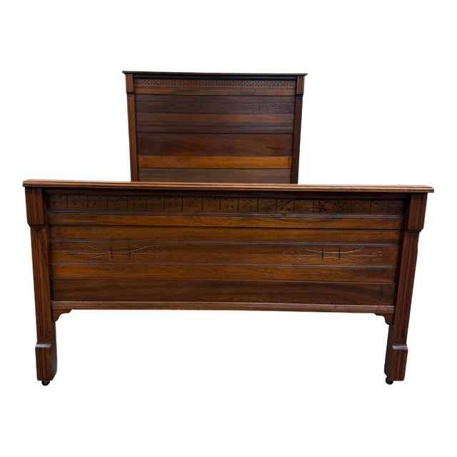 Antique Full Size Late 19th Century Victorian Eastlake Walnut Bed For Sale