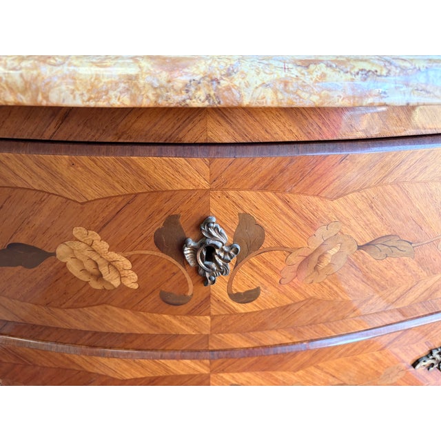 Wood Louis XV Bombé Commode in Marquetry with Marble Top, 1950s For Sale - Image 7 of 17