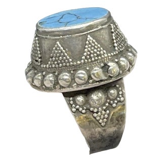 Antique Yemen Sterling Silver Blue Howlite Tower Ring. Antique Yemen Jewelry, Size 9 For Sale