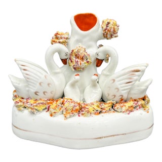 Antique Staffordshire Swan Spill Vase With Cygnets – Yellow & Rose Bocage – 19th Century English Folk Art For Sale