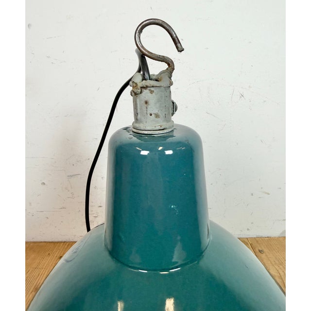 Industrial Petrol Enamel Factory Pendant Lamp, 1960s For Sale - Image 11 of 17