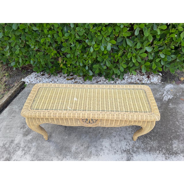 Mustard Vintage Sculptural Rattan Console Table With Glass Top For Sale - Image 8 of 13
