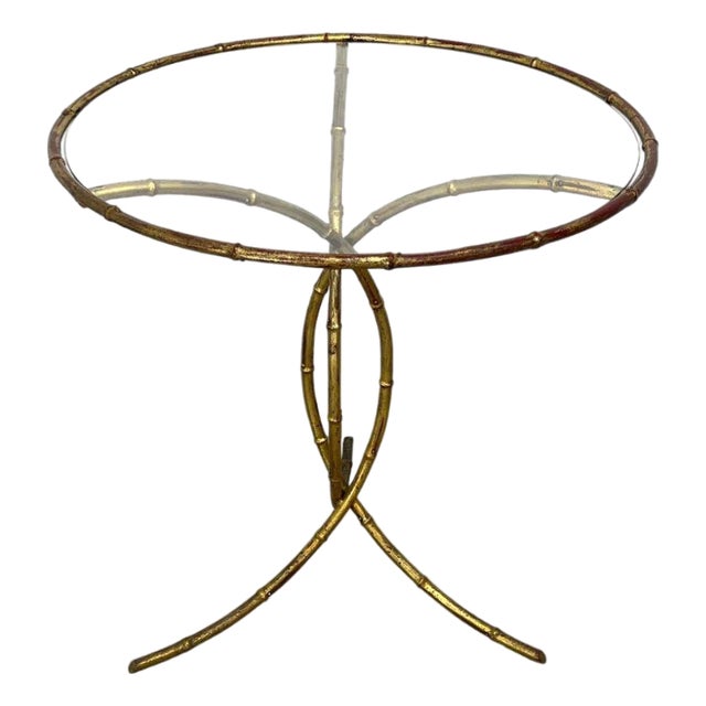 Gilt Metal Faux Bamboo Pedestal Table With Glass Top For Sale