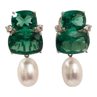 Christina Addison Double Cushion Green Amethyst Stone Earrings With Detachable Pearls For Sale