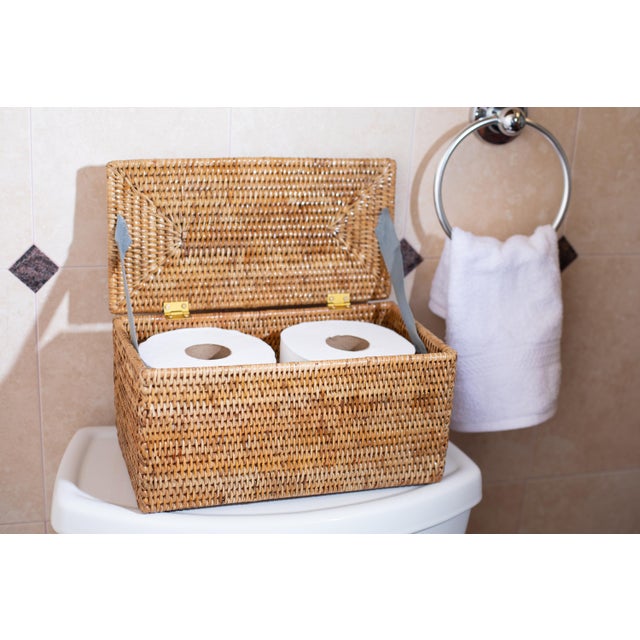 Boho Chic Artifacts Rattan Rectangular Double Tissue Roll Box With Lid For Sale - Image 3 of 4