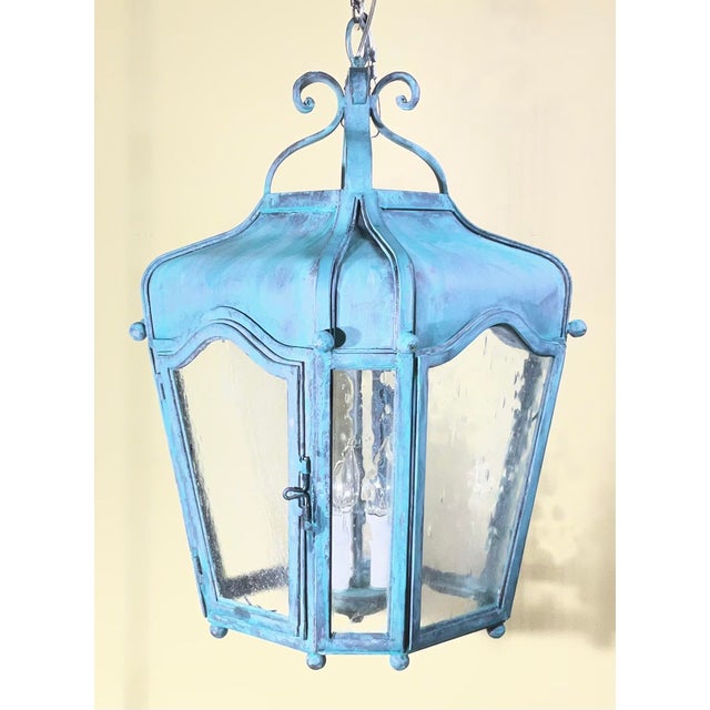1990s Exquisite Vintage Verdigris Hand -Forge Iron Hanging Lantern For Sale - Image 5 of 18