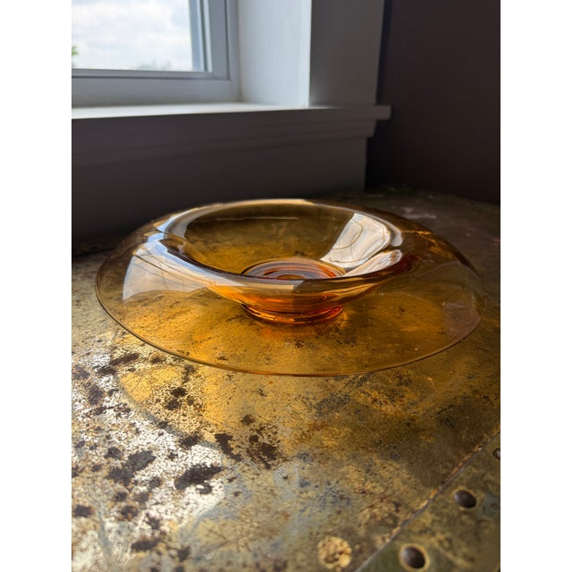 Mid-Century Modern Vintage Fenton Amber Glass Rolled Rim Console Centerpiece Bowl For Sale - Image 3 of 4