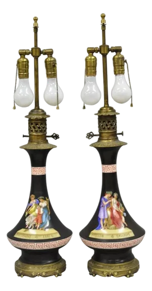 Antique French Neoclassical Bronze & Black Porcelain Painted Table Lamps - Pair