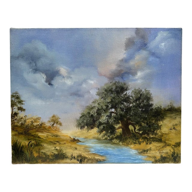 Vintage Traditional Realism Landscape Still Life Original Oil on Canvas, Blue, Green, Tan For Sale