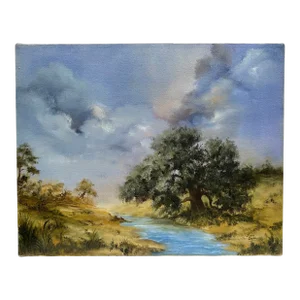 Vintage Traditional Realism Landscape Still Life Original Oil on Canvas, Blue, Green, Tan