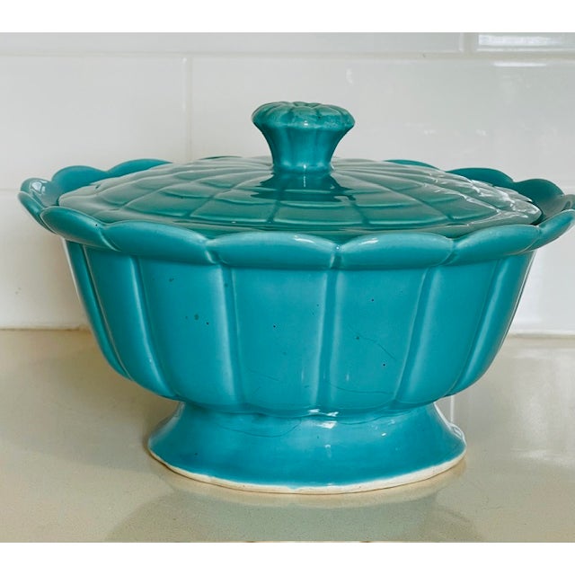 Mid 20th Century Turquoise Ceramic Bowl With Lid, Vintage For Sale - Image 4 of 15