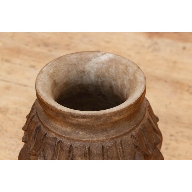Deep Brown Carved Bulbous Marble Vase For Sale - Image 4 of 9