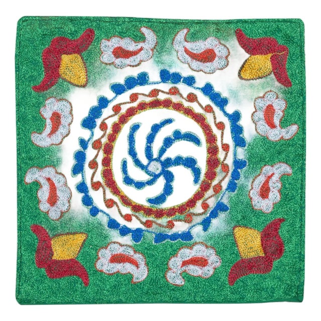 16"x16" Silk Embroidery Cushion Cover. Green Throw Pillow. Double Sided Pillow For Sale