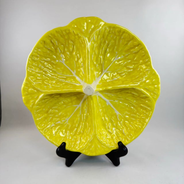 Yellow Vintage Portuguese Secla Yellow Cabbageware Divided Relish Plate, 1970s Majolica Pottery For Sale - Image 8 of 8