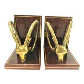 1970s Vintage Brass Onyx Gazelle Rams Head Bookends - a Pair For Sale