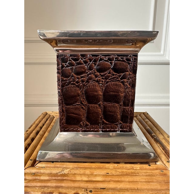 Vintage Leather and Silverplate Ralph Lauren Style Pillar Candleholder For Sale In Los Angeles - Image 6 of 18